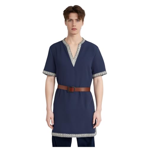 Mittelalterliches Tunika-Shirt-Kostüm für Herren, Ritterkrieger-Kostüm für Erwachsene, kurzärmelig, Tunika mit Gürtel, für LARP, Cosplay, Halloween, Party (Dunkelblau, M) von Generisch