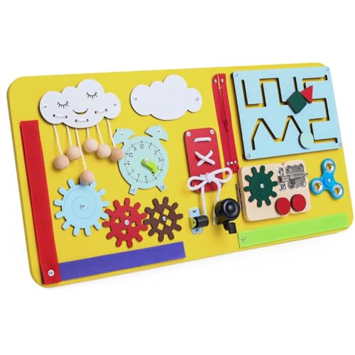 Montessori Sensoriktafel XXL 60x30 cm – Gelbe Busy Board aus Holz – Lernspielzeug für Kinder – Zahnräder, Labyrinthe, Uhr, Reißverschluss (Gelb) von Generisch