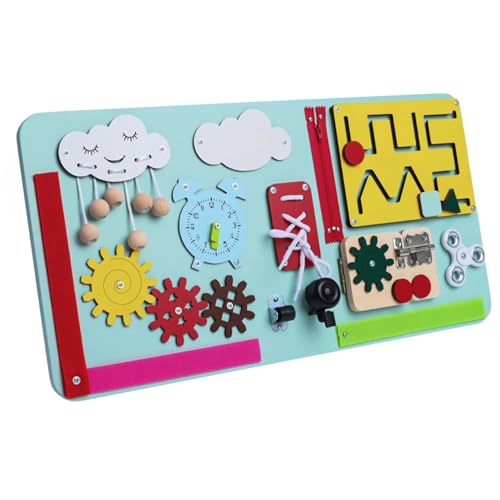 Montessori Sensoriktafel XXL 60x30 cm – Grüne Busy Board aus Holz – Lernspielzeug für Kinder – Zahnräder, Labyrinthe, Uhr, Reißverschluss (Aquamarin) von Generisch