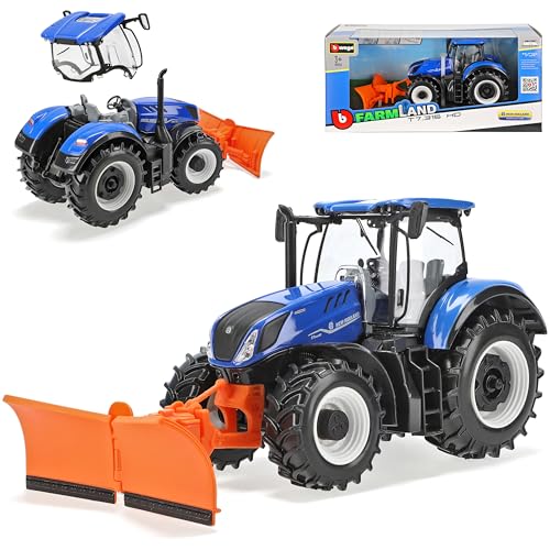 New Holland T7 315 HD Traktor mit Schneeschieber Landwirtschaft 1/32 Bburago Modell Auto von Generisch