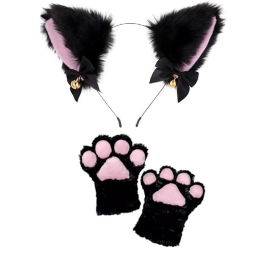 Niedliche Halloween-Requisiten, Katzenohren, Stirnband, Katzenkrallen, Handschuhe, Katzenschwanz, Halsband, Zubehör-Set (2 Stück, schwarz, Einheitsgröße) von Generisch