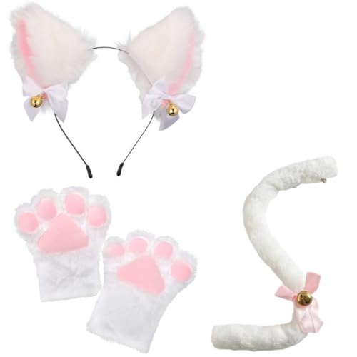 Niedliche Halloween-Requisiten, Katzenohren, Stirnband, Katzenkrallen, Handschuhe, Katzenschwanz, Halsband, Zubehör-Set (3 Stück, rosa, Einheitsgröße) von Generisch