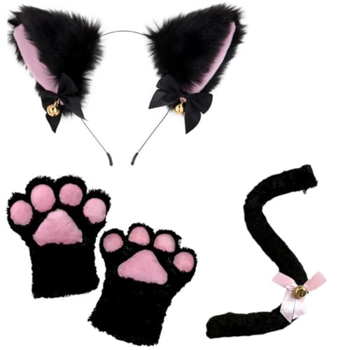 Niedliche Halloween-Requisiten, Katzenohren, Stirnband, Katzenkrallen, Handschuhe, Katzenschwanz, Halsband, Zubehör-Set (3 Stück, schwarz, Einheitsgröße) von Generisch