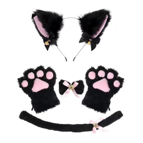 Niedliche Halloween-Requisiten, Katzenohren, Stirnband, Katzenkrallen, Handschuhe, Katzenschwanz, Halsband, Zubehör-Set (4 Stück, Schwarz, Einheitsgröße) von Generisch