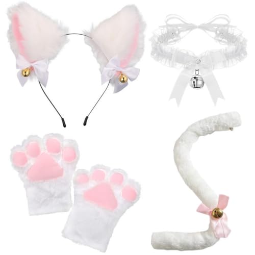 Niedliche Halloween-Requisiten, Katzenohren, Stirnband, Katzenkrallen, Handschuhe, Katzenschwanz, Halsband, Zubehör-Set (4 Stück, rosa, Einheitsgröße) von Generisch