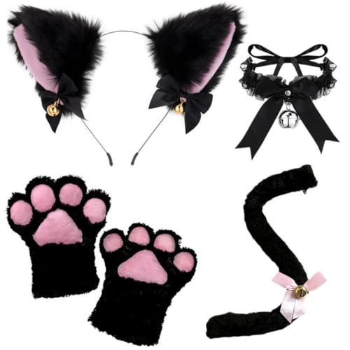 Niedliche Halloween-Requisiten, Katzenohren, Stirnband, Katzenkrallen, Handschuhe, Katzenschwanz, Halsband, Zubehör-Set (4 Stück, schwarz, Einheitsgröße) von Generisch