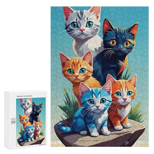 Niedliche Katzen, die auf einem Felsen am Strand sitzen, 300 Teile, klassisches Holzpuzzle für Erwachsene von Generisch