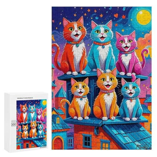 Niedliche Katzen auf dem Dach, 300 Teile Tier, klassisches Holzpuzzle für Erwachsene von Generisch
