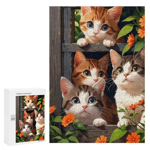 Niedliche Katzen auf der Fensterbank. 300 Teile Tierpuzzle aus Holz, klassisches Puzzle für Erwachsene von Generisch