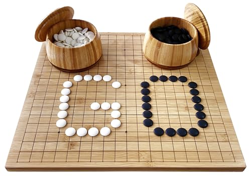 Oasis: Wendbares 19x19 / 13x13 Bambus GO-Spiel-Set mit 2-cm Bambusbrett, edlen Bambusbehältern und Mono-konvexen, schwarzen und weißen Steinen aus Kunstharz - klassisches Strategie Brettspiel. von Generisch