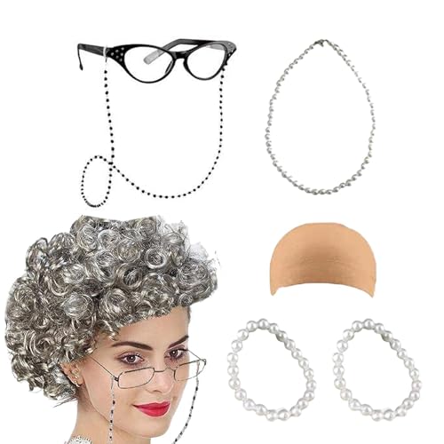 Oma Kostüm Set - 100. Tag der Schul Old Lady Outfit, Neuheit Oma Costumes Kit | Kinder Girls Dress -up Kostüm, 7pcs 9pcs Klassenzimmer Party tun Spiele Vorräte lustige ältere Verkleidung Accessoires von Generisch