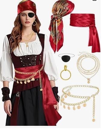 P iratenkostüm Damen Zubehör, Piraten Kostüm Frauen, Taillenkette für Halloween Kostüm Damen Pirat, mit Kopftuch, Schärpe, Kette, Gürtel, Halskette, Patch, Outfit Kostüme Kind (Red, One Size) von Generisch
