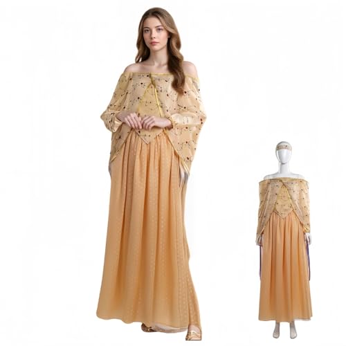 Padme Kostüm Kleid, Padme Amidala Kostüm Cosplay Erwachsene Outfit mit Kopfbedeckung, Halloween Kostüme Verkleidung Damen für Party Karneval (Gelb, XL) von Generisch