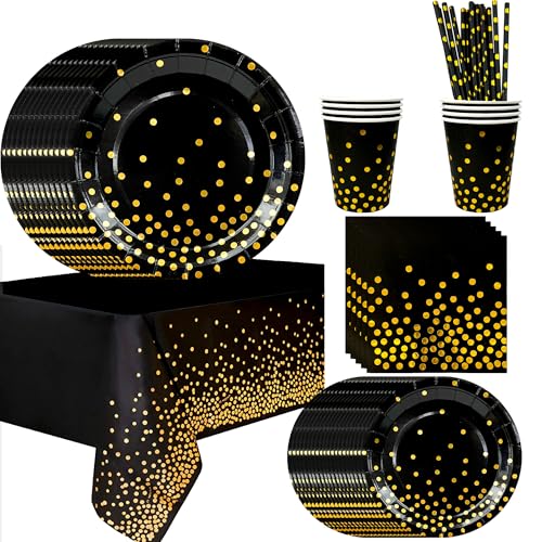 Schwarz und Gold Partygeschirr, 24 Gäste Schwarzgoldenes Geburtstag Partygeschirr Set, Schwarz Gold Pappteller Pappbecher Tischdecke Servietten etc von Generisch