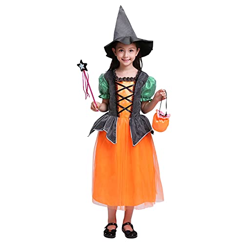Party-Outfits für Kleinkinder, Cosplay, Halloween-Kleid + Hut + Stab + Tasche, Kostüm, Mädchen, Baby, Mädchen, Outfits & Set (Orange, 6–7 Jahre) von Generisch