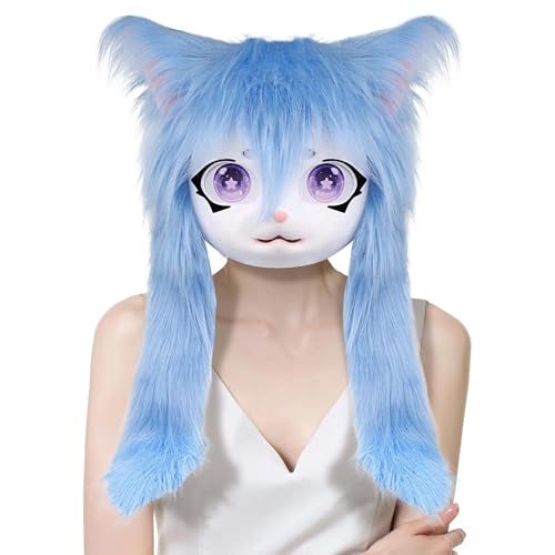 Pelzige Tierköpfe - Katzenkopf-Maske mit großen Augen und langem Fell | Realistische Plüschkostüm Requisiten Für Frauen, Männer, Anime Convention, Theateraufführung, Halloween Party von Generisch