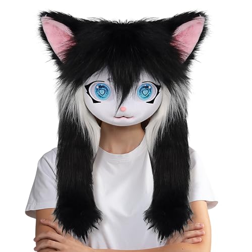 Pelziger Kopf - Tier-Katzenmaske mit großen Augen, langes Haar, realistisches Kostümzubehör, Cosplay-Requisiten für Theateraufführung, Halloween, Party, Maskerade, Anime-Convention Pelziger Kopf - Tier-Katzenmaske mit großen Augen, langes Haar, realistisches Kostümzubehör, Cosplay-Requisiten für Theateraufführung, Halloween, Party, Maskerade, Anime-Convention von Generisch