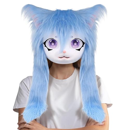 Pelziger Tierkopf - Big Eyes Kostüm Kopfbedeckung, flauschige Plüschmaske für Cosplay -Spaß | Übergrenzte mit langen Haaren für Partys, kreatives Halloween-Accessoire, Dress-up Entertainment für Erwac von Generisch
