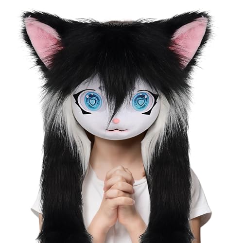 Pelziges Cosplay, Tier-Katzenkopf-Maske mit großen Augen, langes Haar, realistisches Kostüm-Zubehör, Cosplay-Requisiten für Theateraufführungen, Halloween, Party, Maskerade, Anime-Convention von Generisch