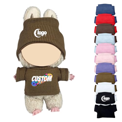 Personalisierte Kleidung für Labubu, Puppen Outfit mit Logo/Text Mini Kleidung für 15-17cm Monster Plüschpuppen, Handgefertigte Häkel Puppenkleidung, Hüte & Kleidung Set (Braun) von Generisch