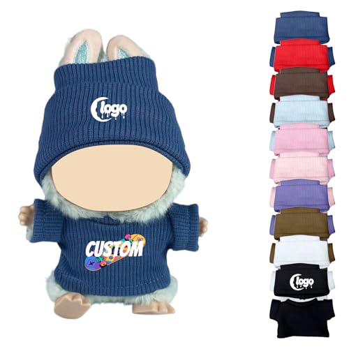 Personalisierte Kleidung für Labubu, Puppen Outfit mit Logo/Text Mini Kleidung für 15-17cm Monster Plüschpuppen, Handgefertigte Häkel Puppenkleidung, Hüte & Kleidung Set (Dunkelblau) von Generisch