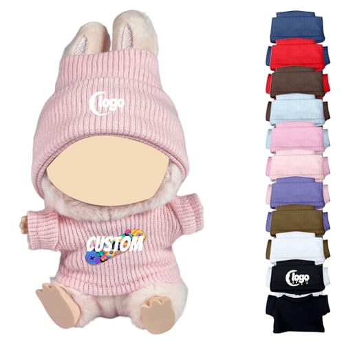 Personalisierte Kleidung für Labubu, Puppen Outfit mit Logo/Text Mini Kleidung für 15-17cm Monster Plüschpuppen, Handgefertigte Häkel Puppenkleidung, Hüte & Kleidung Set (Hellrosa) von Generisch