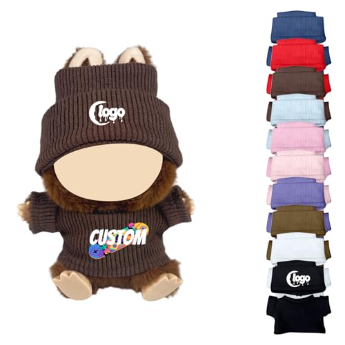 Personalisierte Kleidung für Labubu, Puppen Outfit mit Logo/Text Mini Kleidung für 15-17cm Monster Plüschpuppen, Handgefertigte Häkel Puppenkleidung, Hüte & Kleidung Set (Kaffee) von Generisch