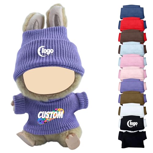Personalisierte Kleidung für Labubu, Puppen Outfit mit Logo/Text Mini Kleidung für 15-17cm Monster Plüschpuppen, Handgefertigte Häkel Puppenkleidung, Hüte & Kleidung Set (Lila) von Generisch