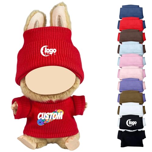 Personalisierte Kleidung für Labubu, Puppen Outfit mit Logo/Text Mini Kleidung für 15-17cm Monster Plüschpuppen, Handgefertigte Häkel Puppenkleidung, Hüte & Kleidung Set (Rot) von Generisch