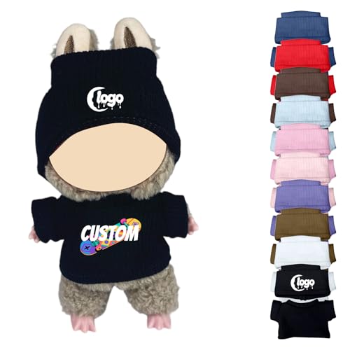 Personalisierte Kleidung für Labubu, Puppen Outfit mit Logo/Text Mini Kleidung für 15-17cm Monster Plüschpuppen, Handgefertigte Häkel Puppenkleidung, Hüte & Kleidung Set (Schwarz) von Generisch