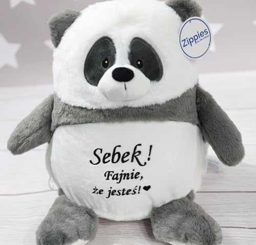 Personalisierte Panda Kuscheltier 34 cm – Plüschtier mit Wunschtext – Geschenk zur Geburt, Taufe, Geburtstag – mit Reißverschluss & herausnehmbarem Innenleben (Grau - Panda, L) von Generisch