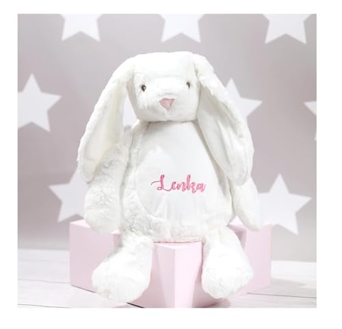 Personalisierte Panda Kuscheltier 34 cm – Plüschtier mit Wunschtext – Geschenk zur Geburt, Taufe, Geburtstag – mit Reißverschluss & herausnehmbarem Innenleben (Ecru - Hase, L) von Generisch