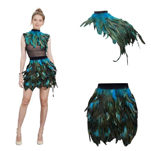 Pfau Kostüm Damen Pfauen Azurblau Federrock mit Feder Cape Faschingskostüme Damen Papagei Kostüm Party Zubehör Karneval Pfau Rock für Halloween Karneval Mottoparty Cosplay (XXL) von Generisch