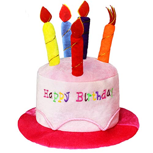 Pinker Plüsch-Hut "Happy Birthday", Unisex, Erwachsenengröße, Kostümzubehör, 5 bunte Kerzen von Generisch