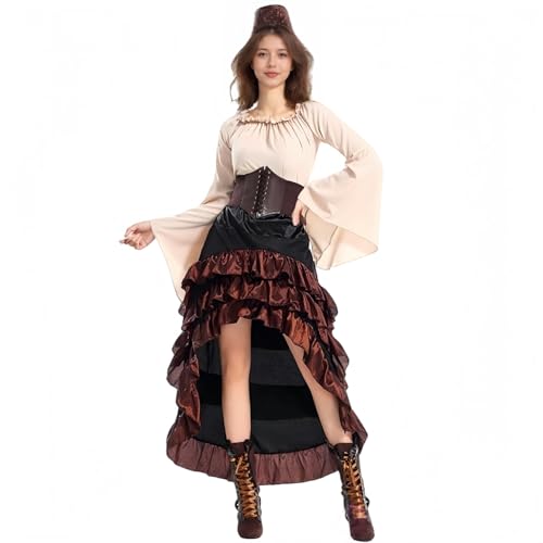 Piraten Kostüm Erwachsene Damen, Mittelalter Piraten Korsett Kleid mit Wildlederhut & Stickerei, Renaissance Outfit Verkleidung für Halloween Karneval Party (Braun, M) von Generisch