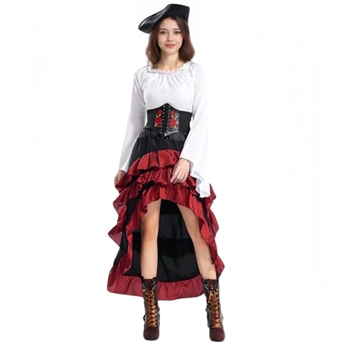 Piraten Kostüm Erwachsene Damen, Mittelalter Piraten Korsett Kleid mit Wildlederhut & Stickerei, Renaissance Outfit Verkleidung für Halloween Karneval Party (Rot, M) von Generisch