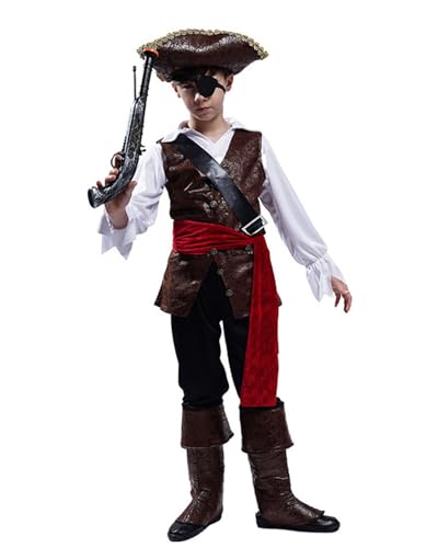Piratenkostüm-Set für Jungen, 6-teilig, Deluxe-Piratenkapitän, Verkleidung für Kinder, mit Hut, Stiefelüberzügen, Zubehör, Halloween-Rollenspiel-Outfit (160–170) von Generisch