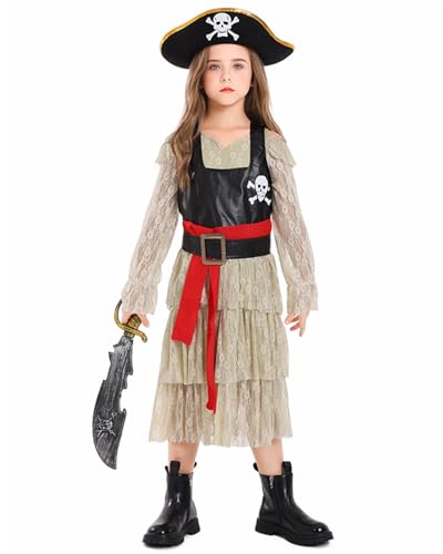 Piratenkostüm für Mädchen, Spitze, langärmelig, Kunstlederweste mit Totenkopf, roter Gürtel, Piratenhut inklusive, Halloween, Karneval, Rollenspiel Piratenkostüm für Mädchen, Spitze, langärmelig, Kunstlederweste mit Totenkopf, roter Gürtel, Piratenhut inklusive, Halloween, Karneval, Rollenspiel von Generisch