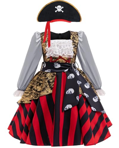 Piratenkostüm für Mädchen, rot und schwarz gestreift mit goldfarbenen Akzenten, Totenkopf-Muster, passender Hut inklusive, ideal für Halloween und Partys Piratenkostüm für Mädchen, rot und schwarz gestreift mit goldfarbenen Akzenten, Totenkopf-Muster, passender Hut inklusive, ideal für Halloween und Partys von Generisch