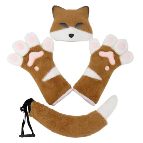 Plüsch-Fuchsmaske, Halloween, farblich passende lange Handschuhe, Tierschwanz, Cosplay-Zubehör (3 Stück, braun, Einheitsgröße) von Generisch