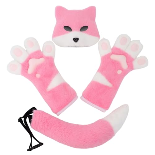 Plüsch-Fuchsmaske, Halloween, farblich passende lange Handschuhe, Tierschwanz, Cosplay-Zubehör (3 Stück, rosa, Einheitsgröße) von Generisch