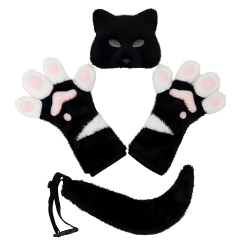 Plüsch-Fuchsmaske, Halloween, farblich passende lange Handschuhe, Tierschwanz, Cosplay-Zubehör (3 Stück, schwarz, Einheitsgröße) von Generisch