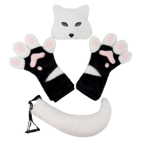 Plüsch-Fuchsmaske, Halloween, farblich passende lange Handschuhe, Tierschwanz, Cosplay-Zubehör (3 Stück, weiß, Einheitsgröße) von Generisch