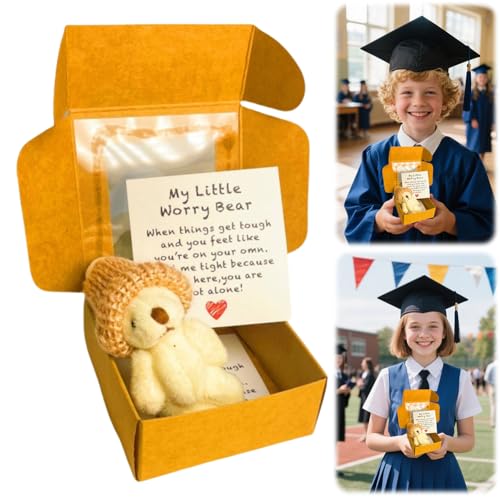 Plüsch-Teddybär in Schachtel,gehäkelte kleine Bären, Kleiner Bär im Geschenkkarton mit emotional aufmunternder Grußkarte,Umarmung, Abschluss, Geburtstag, Schulanfang (B) von Generisch