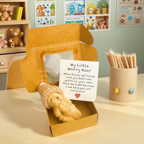 Plüsch-Teddybär in Schachtel,gehäkelte kleine Bären, Kleiner Bär im Geschenkkarton mit emotional aufmunternder Grußkarte,Umarmung, Abschluss, Geburtstag, Schulanfang (D) von Generisch