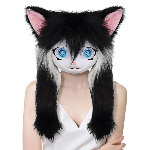 Plüschkostüm | Katzenkopf-Maske mit großen Augen und langem Fell | Realistische Plüschkostüm Requisiten Für Frauen, Männer, Anime Convention, Theateraufführung, Halloween Party von Generisch