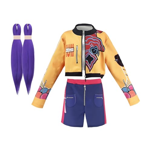 Pop Hunters Cosplay Mit Lila Geflochtenen Haaren, Mädchen-Pop-Sängerinnen-Kostüm Für Halloween, Komplettes Set, Anime-Cosplay-Jacke, Shorts Und 66 Cm Lange Lila Haarverlängerungen Für 4–12 Jahre Pop Hunters Cosplay Mit Lila Geflochtenen Haaren, Mädchen-Pop-Sängerinnen-Kostüm Für Halloween, Komplettes Set, Anime-Cosplay-Jacke, Shorts Und 66 Cm Lange Lila Haarverlängerungen Für 4–12 Jahre von Generisch