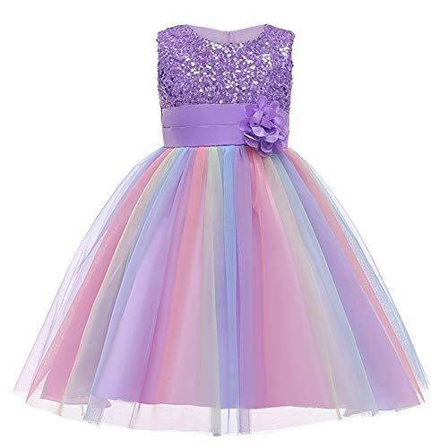 Prinzessin Kostüm Mädchen, Prinzessin Kleid Mädchen Festlich Kleider Regenbogen Mädchenkleider Einschulung Princess Dress Taufkleider Kinder Tüllkleid Kostüm Party Blumenmädchenkleider, Lila, 120 von Generisch
