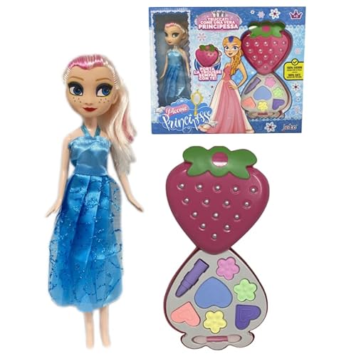Prinzessin Puppe mit Make-up-Set, hellblaues Glitzer-Kleid, kämmbare Haare, Kulturbeutel Erdbeere mit Lidschatten und Lippenstift, Geschenk für Mädchen 5+ Jahre von Generisch
