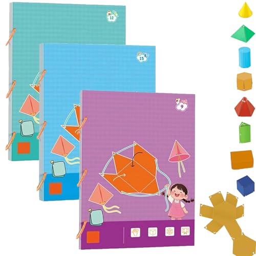 Pull String 3D Geometrie Lernbuch, 3D Formen Geometrie Lernbuch, Boutiquefortun Spielzeug mit 9/12/15 Feststoffen, sichere geflochtene Seil Design für Kinder (9,12,15-Model(3Set)) von Generisch